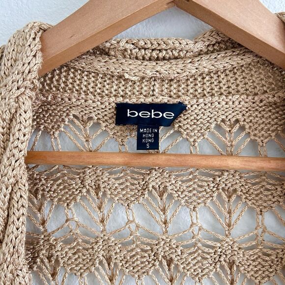 VTG Y2K Bebe Open Knit Cardigan Tan Size S Crochet Fairy Cottage Festival Boho - Picture 4 of 16